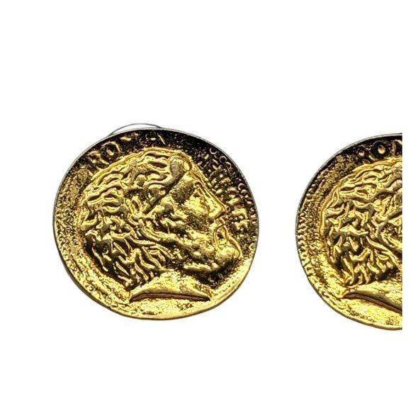 Roman Hercules Coin Post Earrings Gold Tone Antiqued Look Pierced Ears - Picture 2 of 12